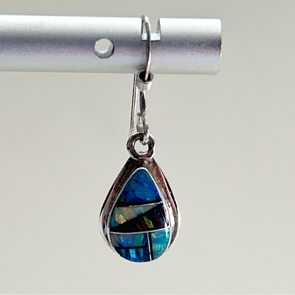 Signed Southwestern Opal Inlay Sterling Silver Teardrop Earrings - Picture 5 of 10